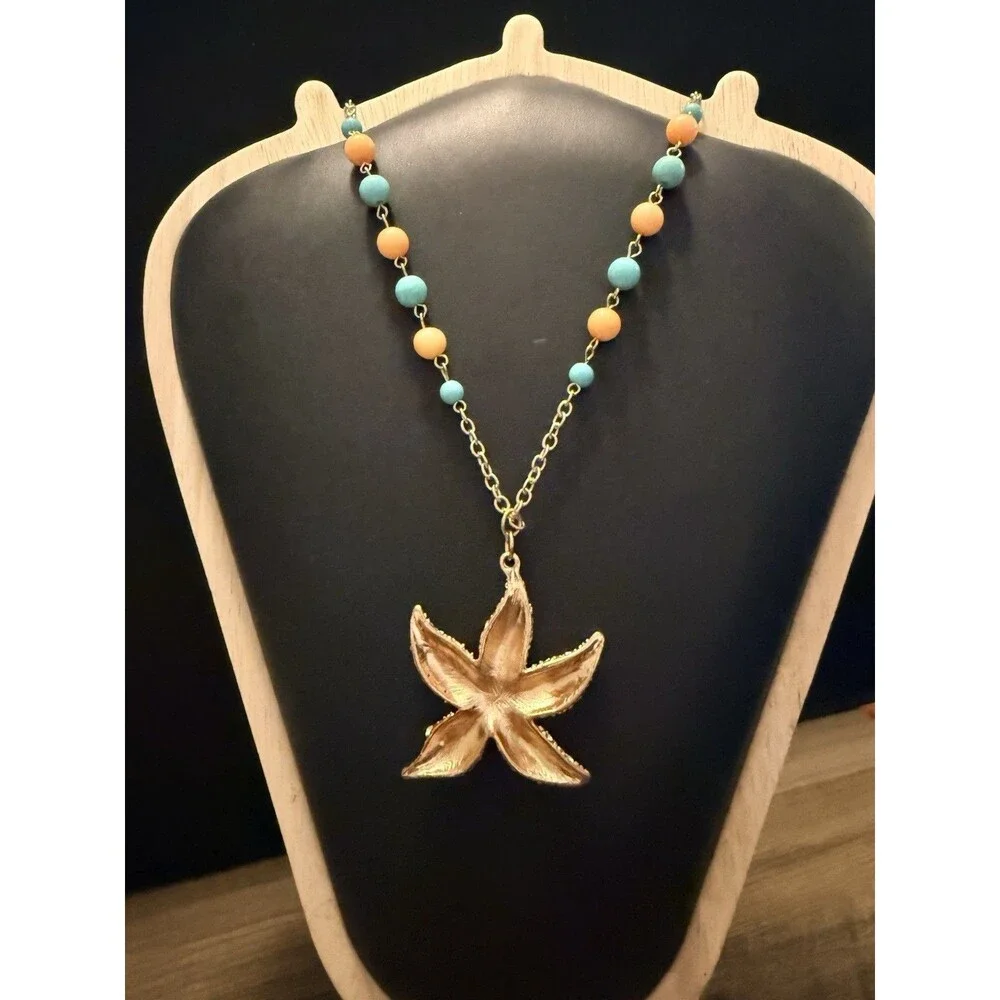 Starfish Enamel Pendant Rhinestone and Beaded Necklace Salmon 35”